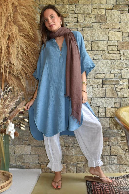 Tasha Cushion Cotton Oversized Shirt Tunic Denim